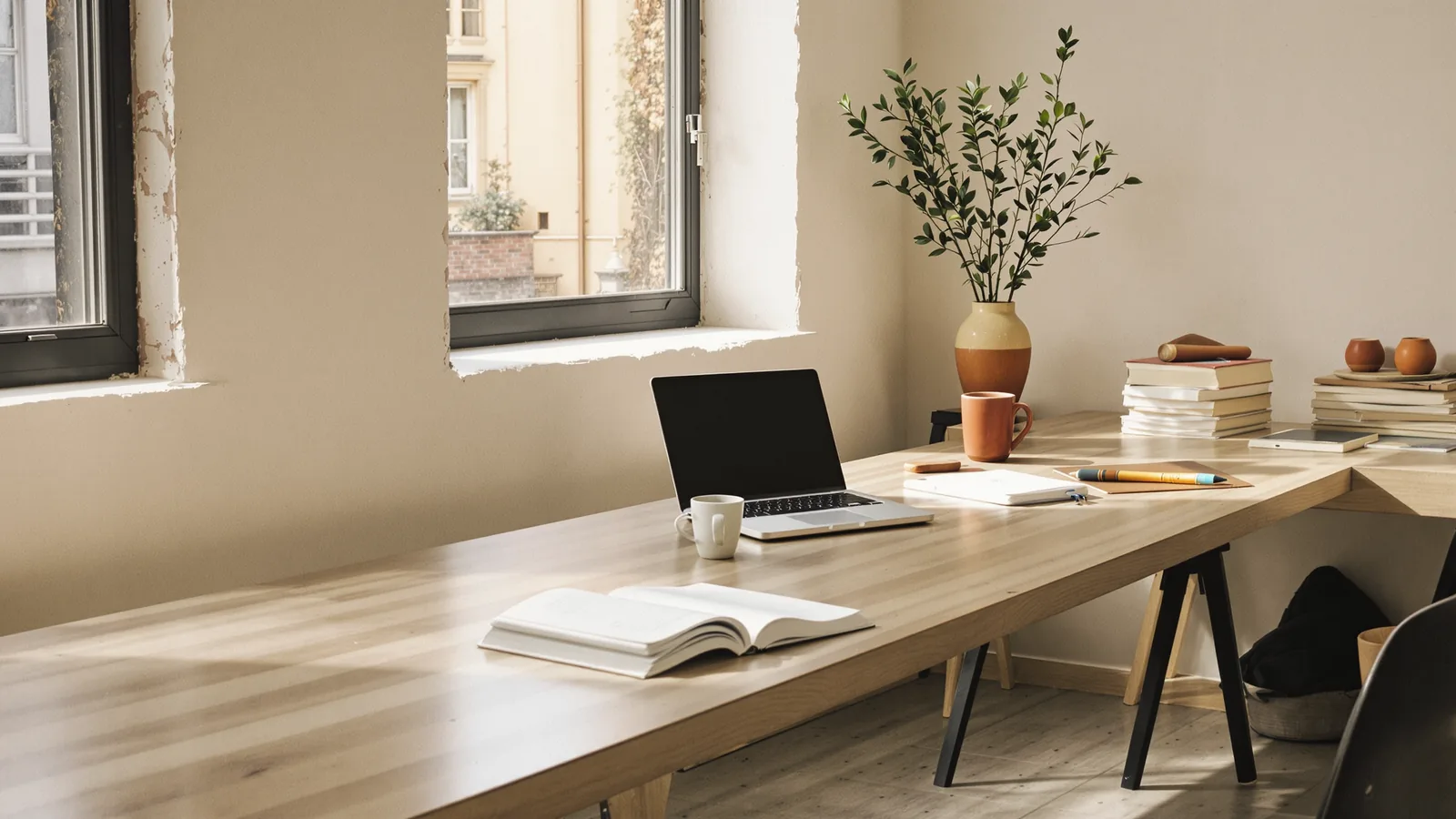 Mesa de trabajo de madera junto a una ventana en un estudio de Ciudad de México, con un cuaderno abierto, una laptop cerrada, una taza de café y documentos impresos, iluminada por la luz de la mañana.
