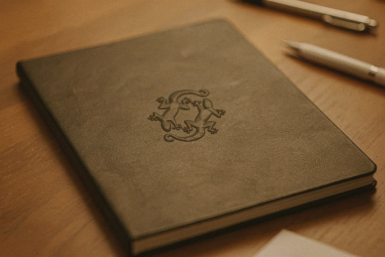 Cuaderno de tapa dura con el sello de los dos lagartos grabado en seco, sobre un escritorio de madera con dos lápices