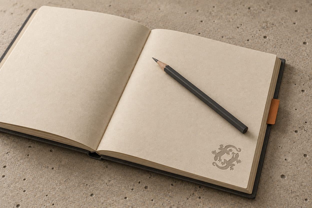 Cuaderno de tapa dura con el sello de los dos lagartos grabado en seco, sobre un escritorio de madera con dos lápices