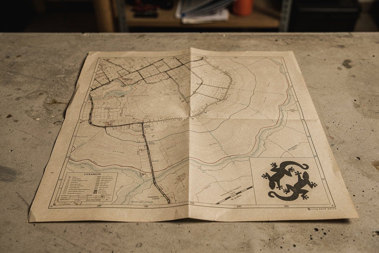 Mapa topográfico doblado sobre una mesa de concreto, con el sello de los dos lagartos impreso en una esquina