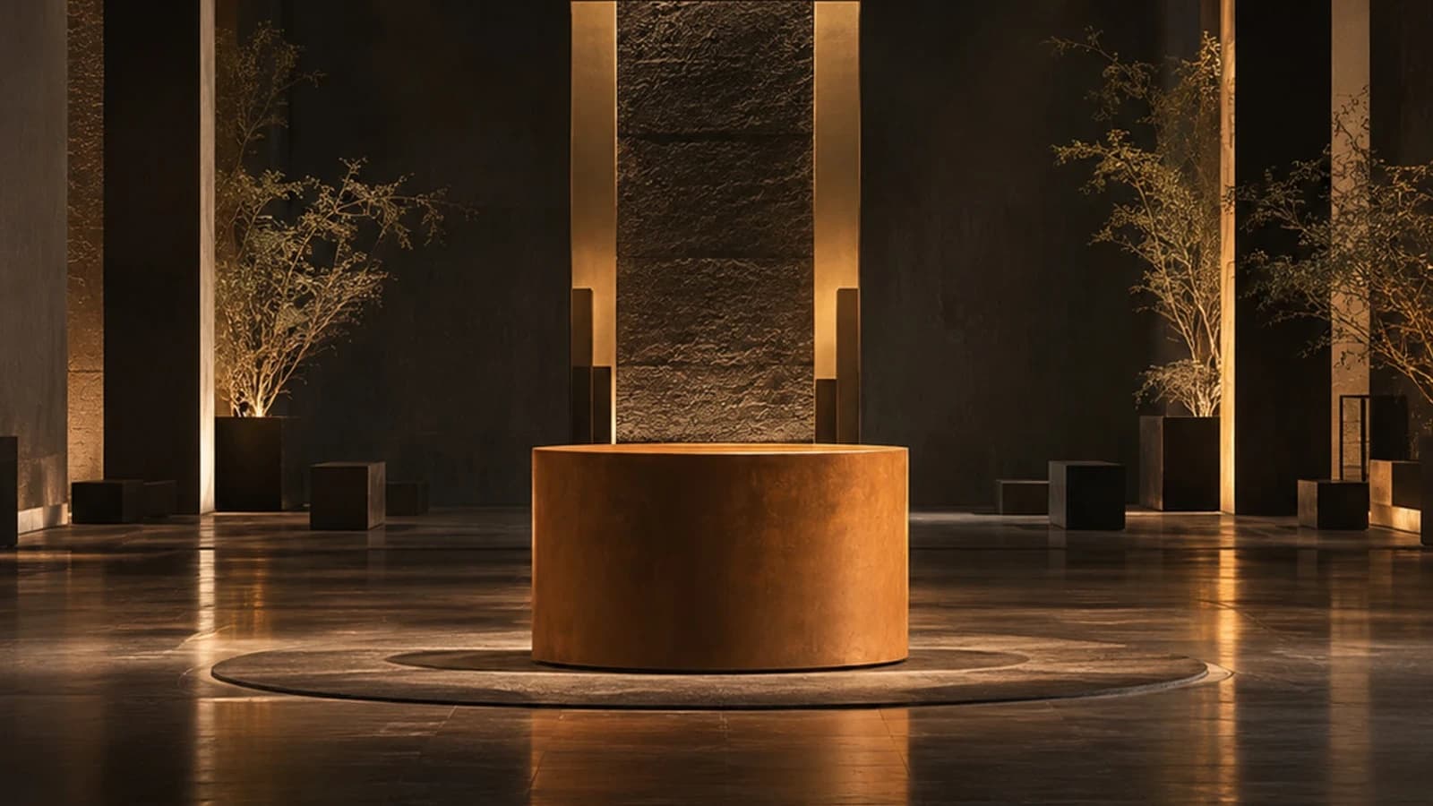 Un pedestal de cobre bajo luz cálida, al centro de una sala de piedra oscura con árboles iluminados desde el piso.
