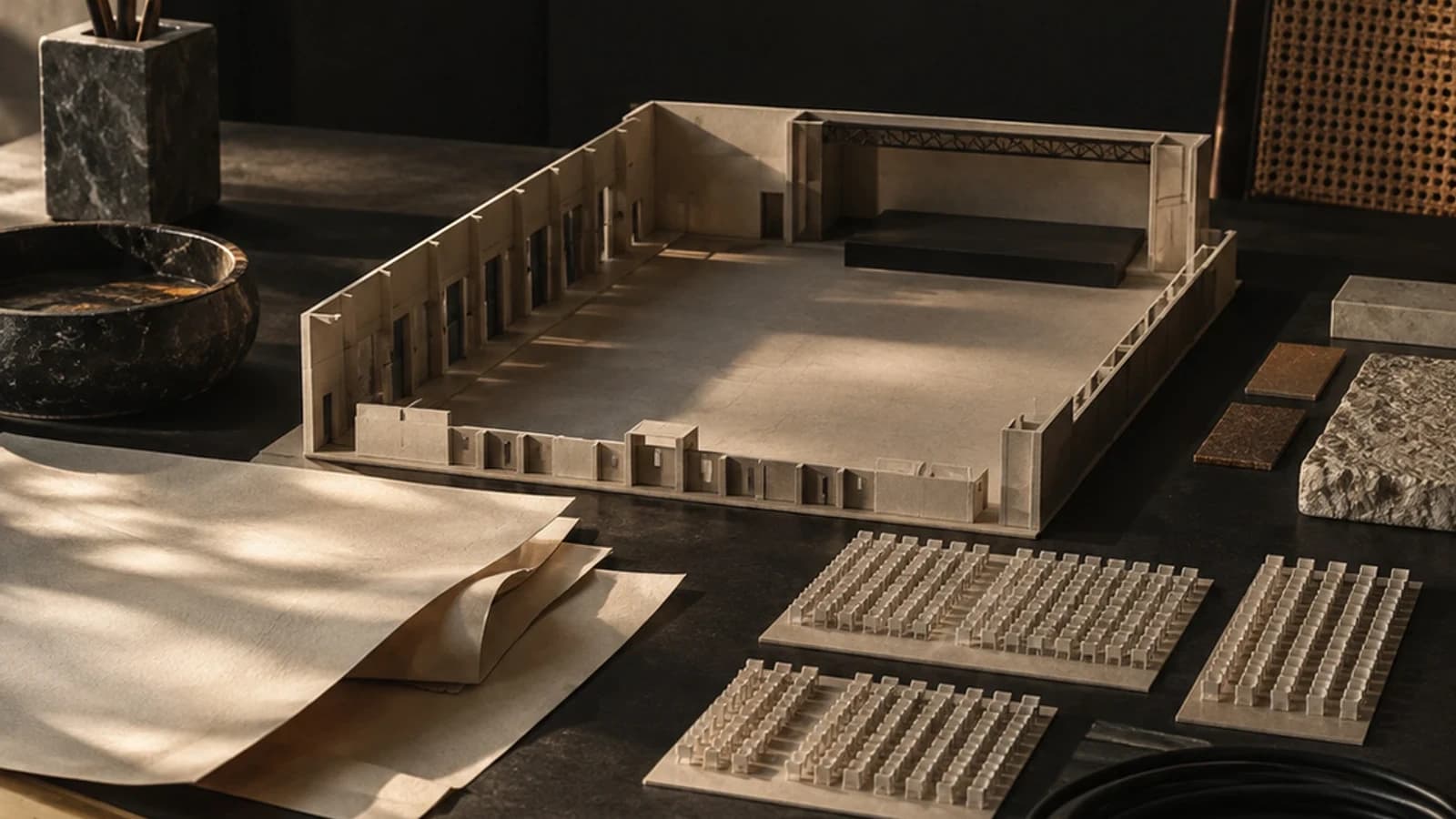 Maqueta de un salón con escenario y estructura de luces, junto a bloques de sillas, muestras de material y pliegos.