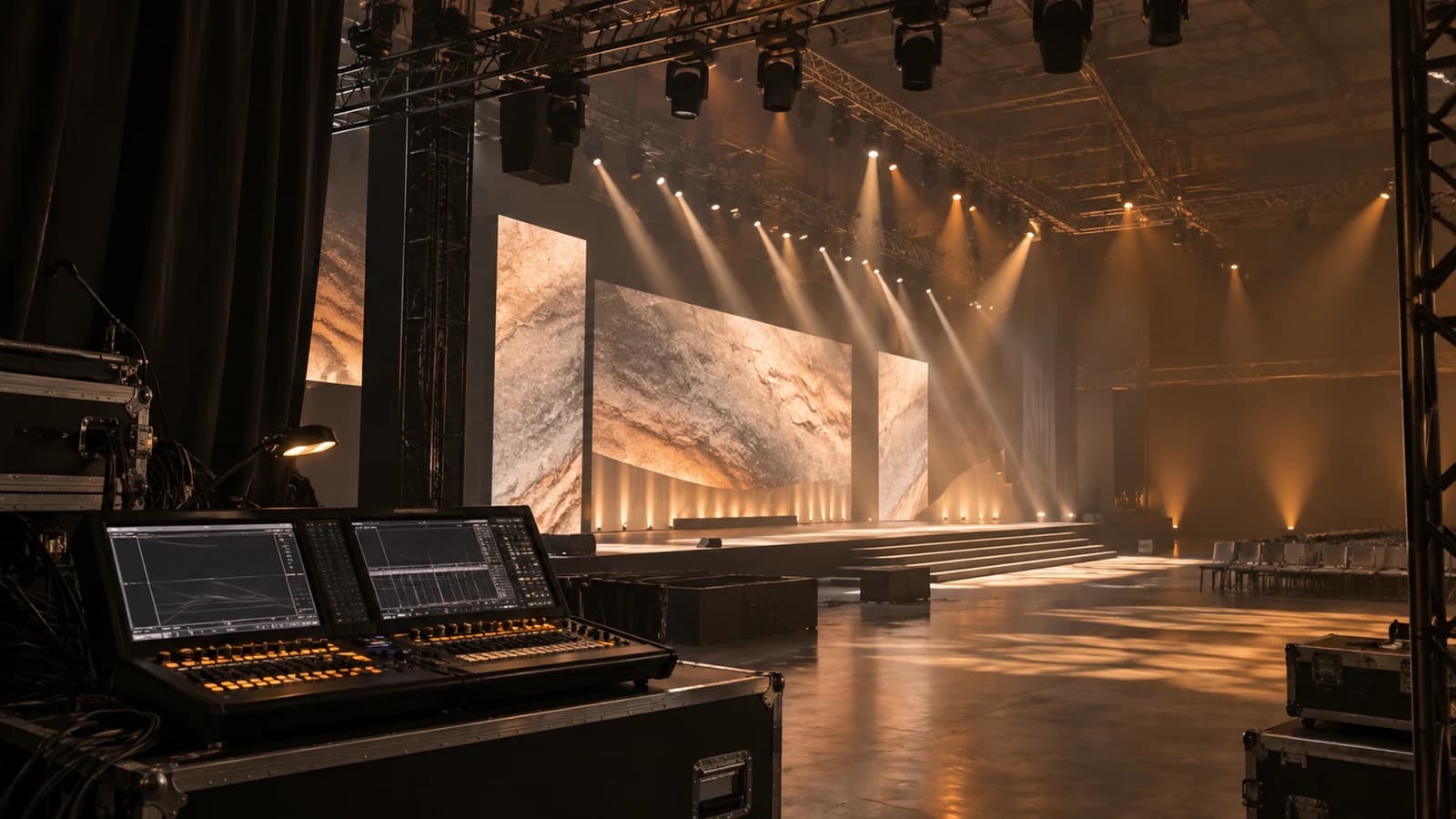 Consola de iluminación, estructura con haces cálidos y pantallas de escenario en un salón vacío.