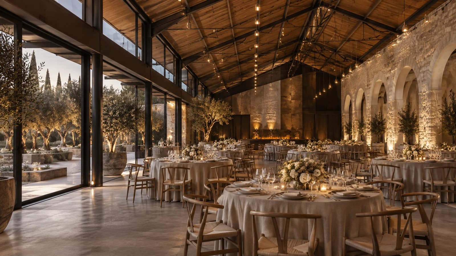 Salón preparado para una recepción, con mesas de lino, techo de madera, lámparas cálidas y una galería de piedra.