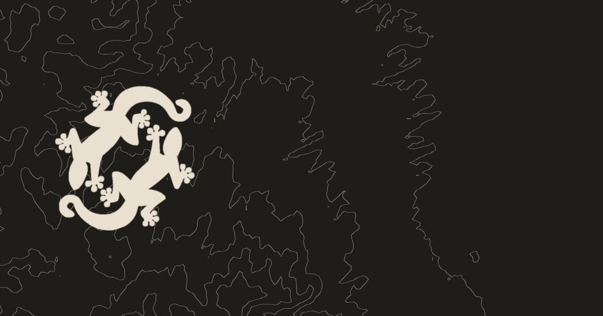 The Lizardi Studio emblem, two sand-colored lizards, over contour lines of western Mexico City