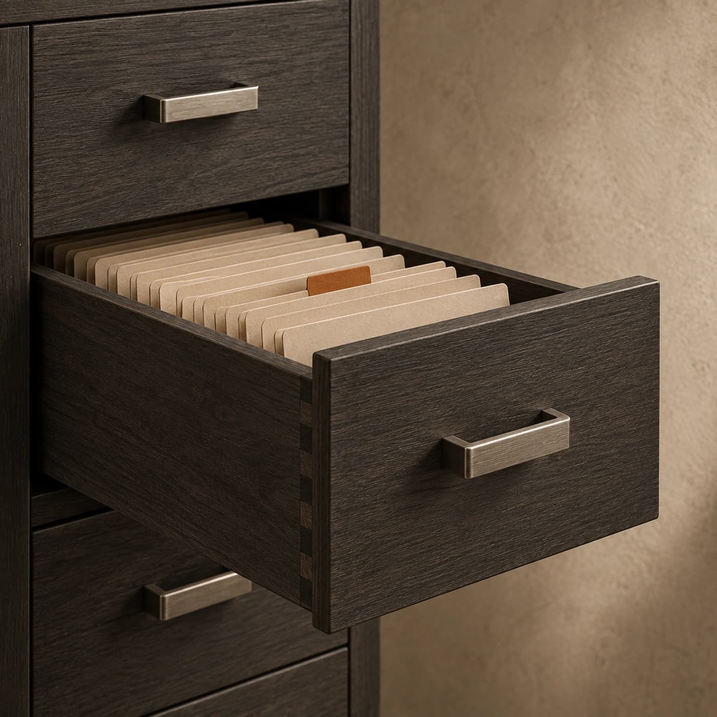 Un cajón abierto de un archivero de madera contiene separadores de cartón con una pestaña ocre.
