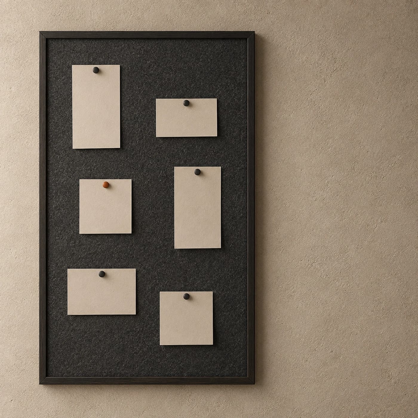 Seis tarjetas en blanco cuelgan de un tablero de fieltro en la pared, sujetas con chinchetas, una ocre.