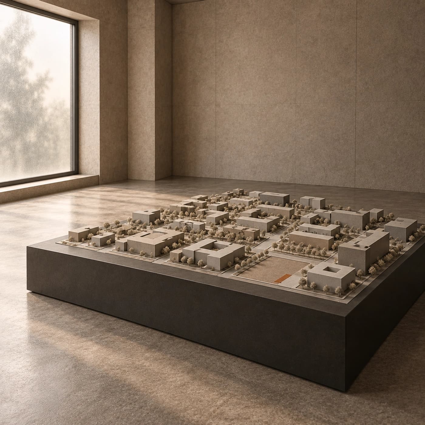 Una maqueta urbana sobre una base baja ocupa un cuarto vacío; una cinta ocre marca un lote.
