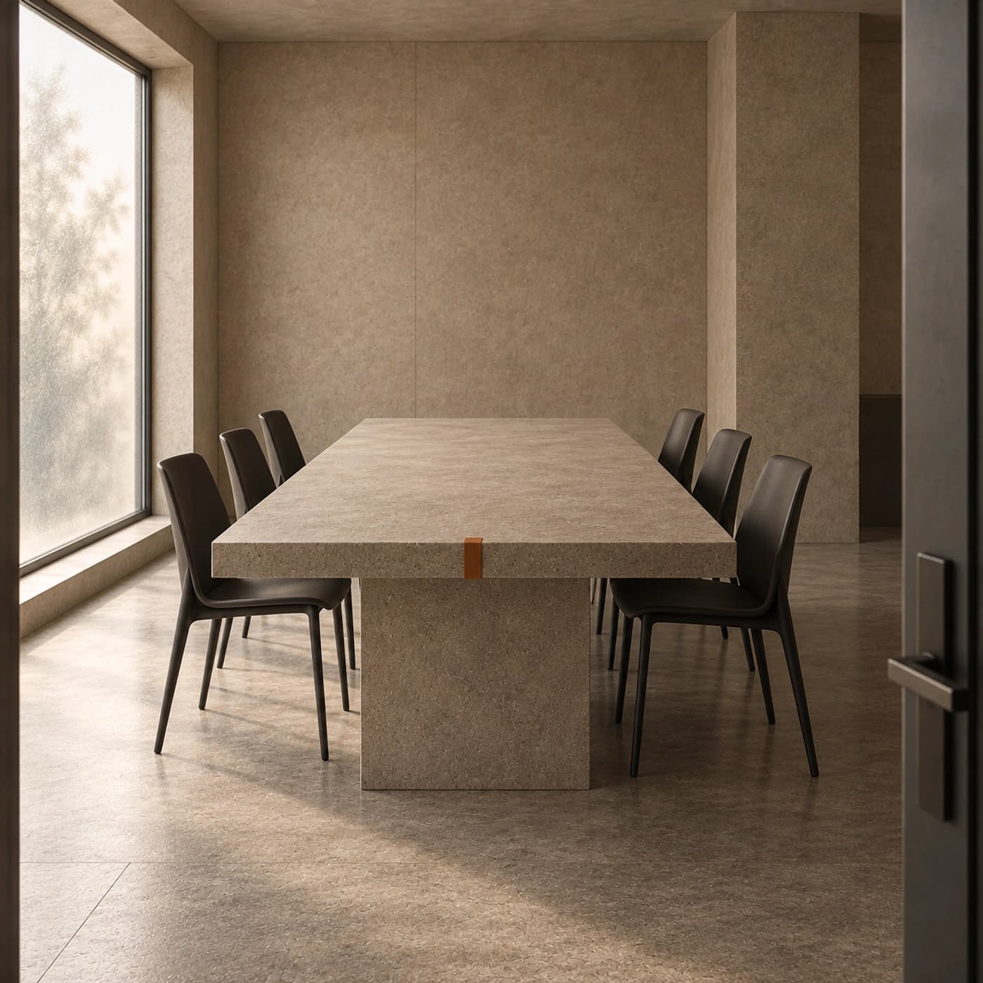 Una sala vacía vista desde la puerta tiene seis sillas alrededor de una mesa larga junto a una ventana.