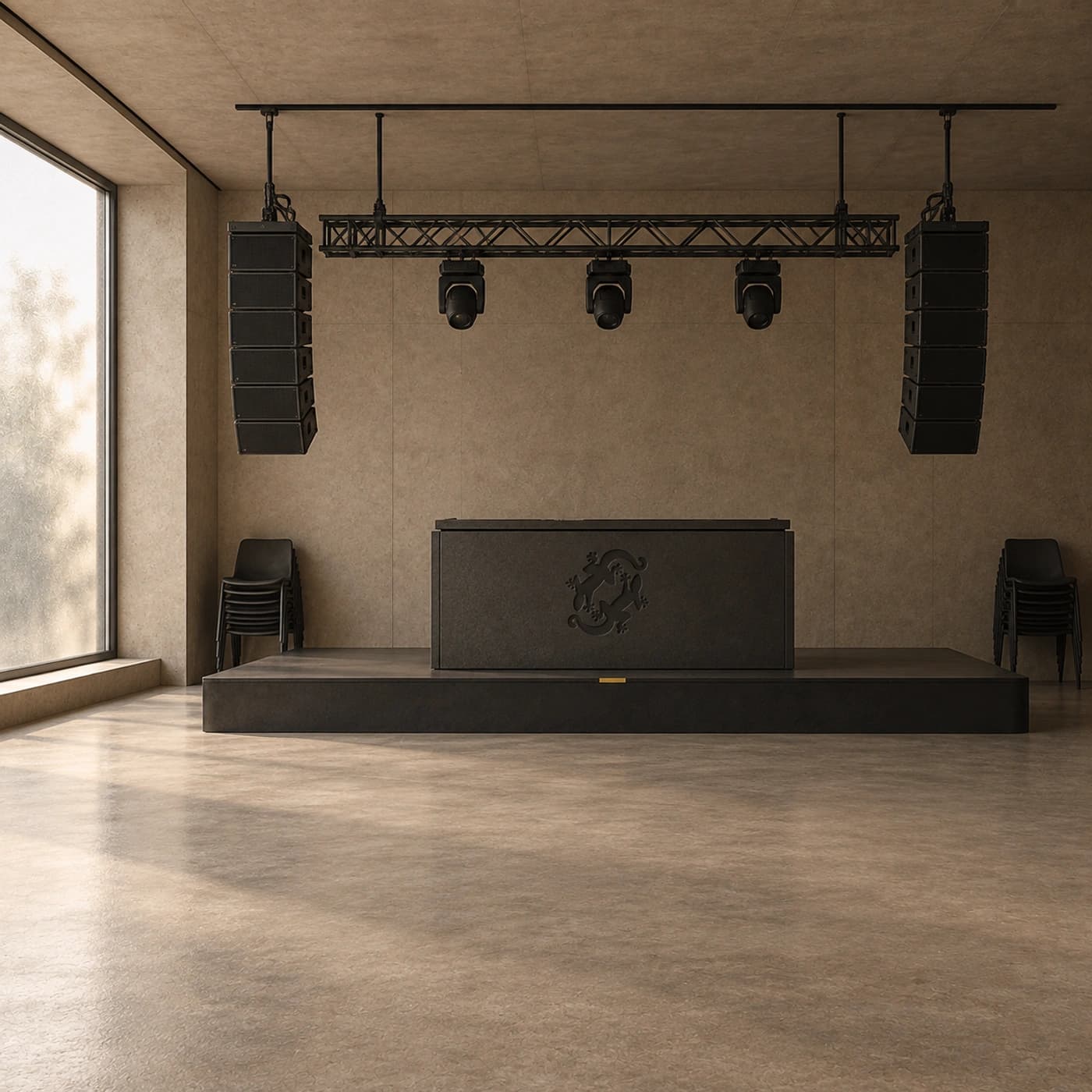 Una sala vacía tiene escenario bajo, altavoces colgados, tres luces apagadas, cabina cerrada y sillas apiladas.