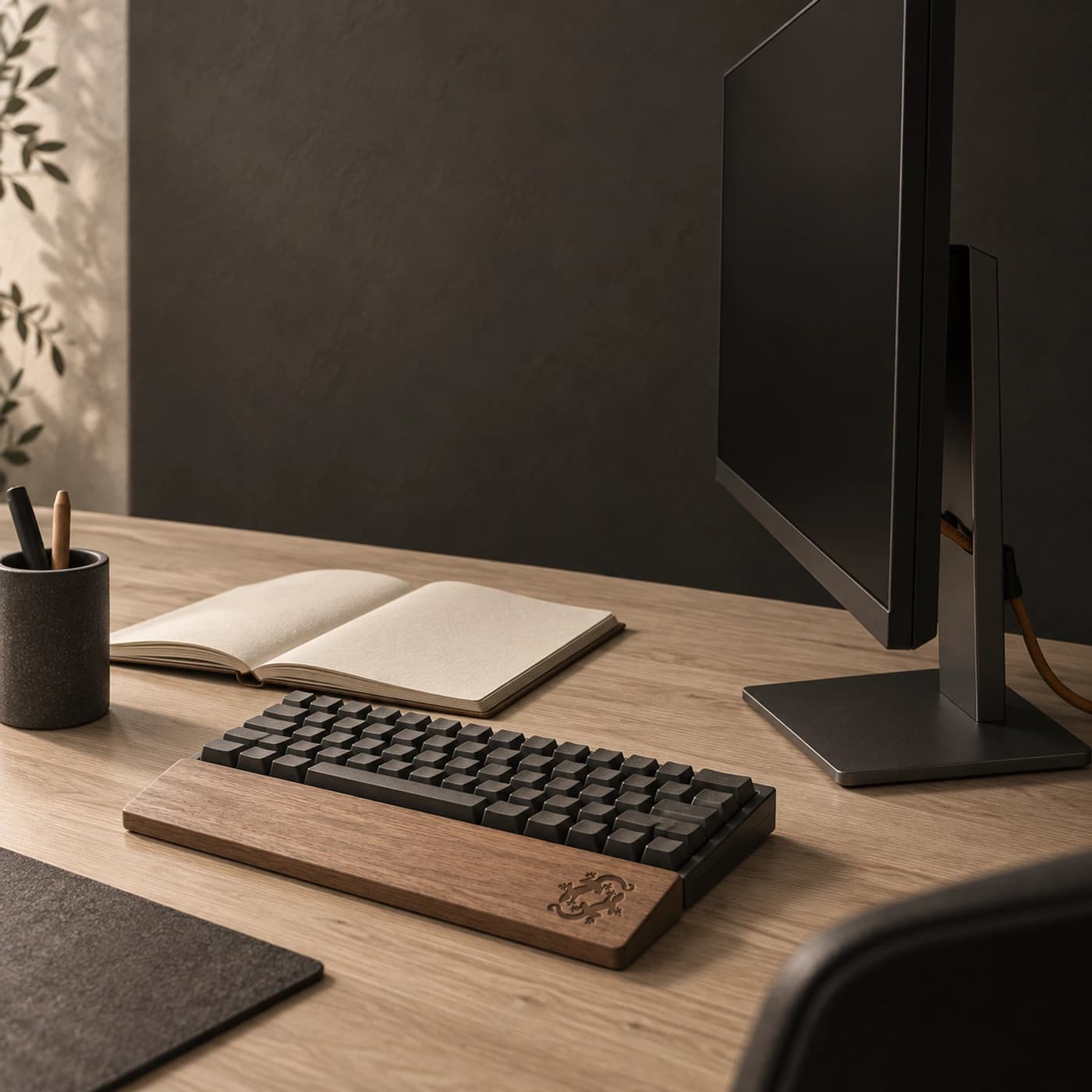 A keyboard, an open notebook and a powered-off monitor sit on a light wood desk.